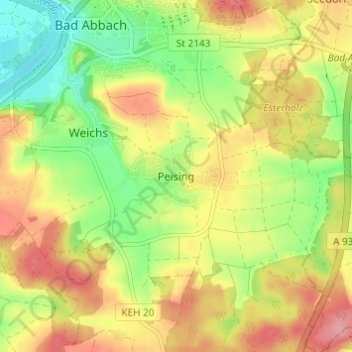 Mapa topográfico Peising, altitud, relieve