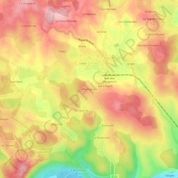 Mapa topográfico Montignac, altitud, relieve