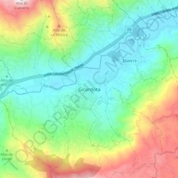 Mapa topográfico Girardota, altitud, relieve