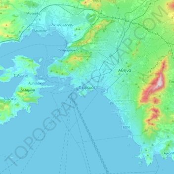 Mapa topográfico El Pireo, altitud, relieve
