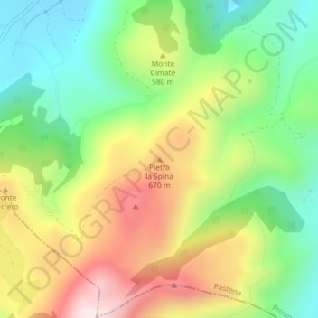Mapa topográfico Pietra la Spina, altitud, relieve