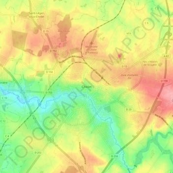 Mapa topográfico Cholet, altitud, relieve