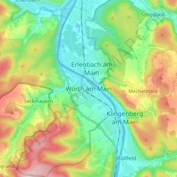 Mapa topográfico Wörth am Main, altitud, relieve