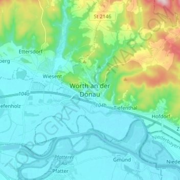 Mapa topográfico Wörth an der Donau, altitud, relieve