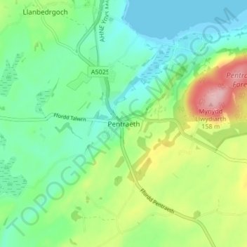 Mapa topográfico Pentraeth, altitud, relieve