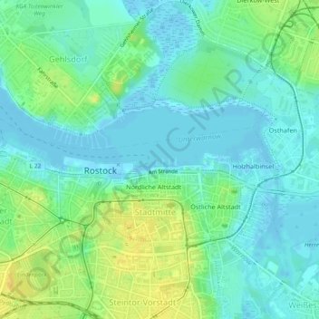 Mapa topográfico Stadthafen Rostock, altitud, relieve