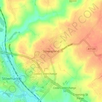 Mapa topográfico Stowupland, altitud, relieve