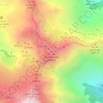 Mapa topográfico Pic de Pomebrunet, altitud, relieve