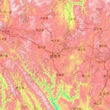 Mapa topográfico Chuxiong, altitud, relieve