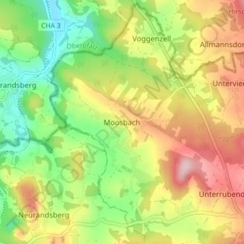 Mapa topográfico Moosbach, altitud, relieve