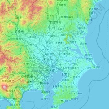 Mapa topográfico Kantō, altitud, relieve