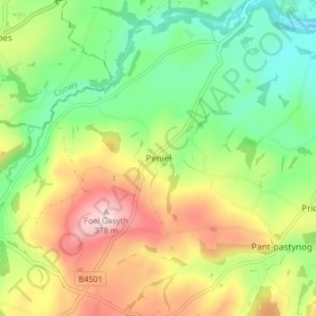 Mapa topográfico Peniel, altitud, relieve