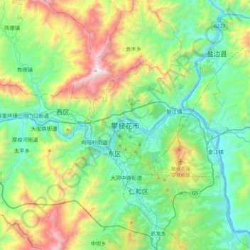 Mapa topográfico Panzhihua, altitud, relieve