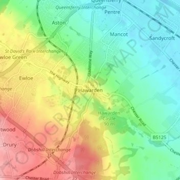 Mapa topográfico Hawarden, altitud, relieve