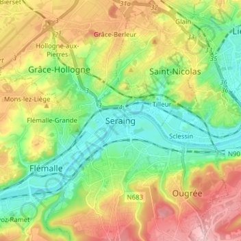 Mapa topográfico Seraing, altitud, relieve