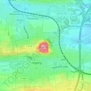 Mapa topográfico Hohenasperg, altitud, relieve