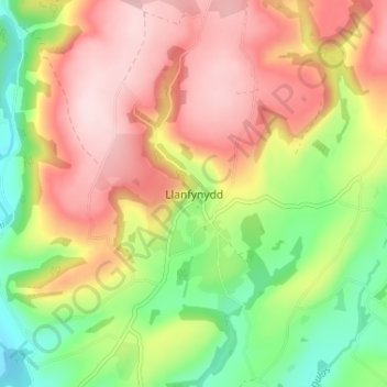 Mapa topográfico Llanfynydd, altitud, relieve