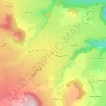 Mapa topográfico Ussel, altitud, relieve