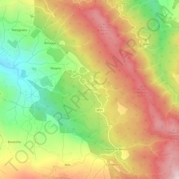 Mapa topográfico Pomino, altitud, relieve