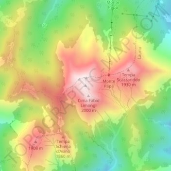 Mapa topográfico Monte Sirino, altitud, relieve