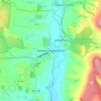 Mapa topográfico Newton Poppleford, altitud, relieve