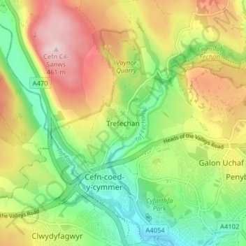 Mapa topográfico Trefechan, altitud, relieve