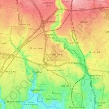 Mapa topográfico Essendon Fields, altitud, relieve