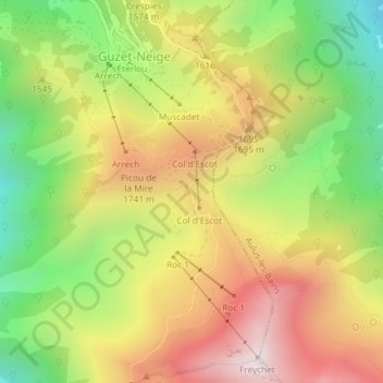 Mapa topográfico Col d'Escots, altitud, relieve