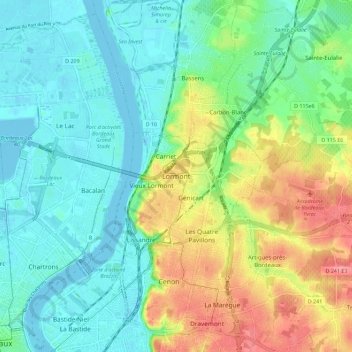Mapa topográfico Lormont, altitud, relieve