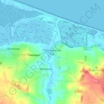 Mapa topográfico Cley next the Sea, altitud, relieve