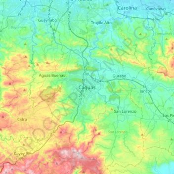 Mapa topográfico Caguas, altitud, relieve