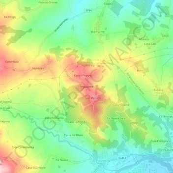 Mapa topográfico Seguzzone, altitud, relieve