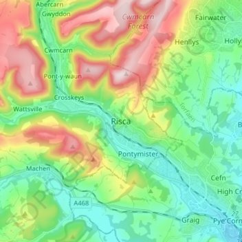 Mapa topográfico Risca, altitud, relieve