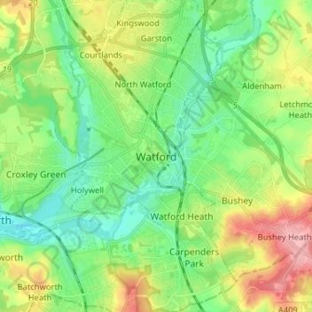 Mapa topográfico Watford, altitud, relieve
