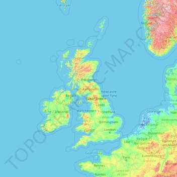 Mapa topográfico United Kingdom, altitud, relieve