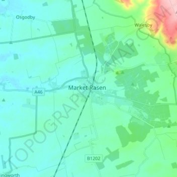 Mapa topográfico Market Rasen, altitud, relieve