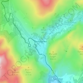 Mapa topográfico Beddgelert, altitud, relieve
