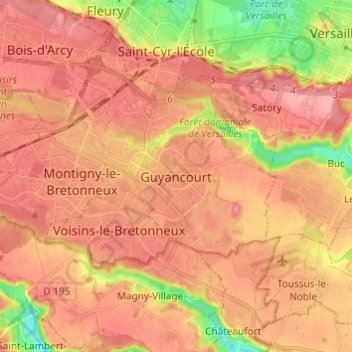 Mapa topográfico Guyancourt, altitud, relieve