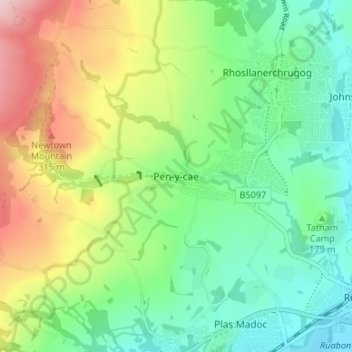 Mapa topográfico Pen-y-cae, altitud, relieve