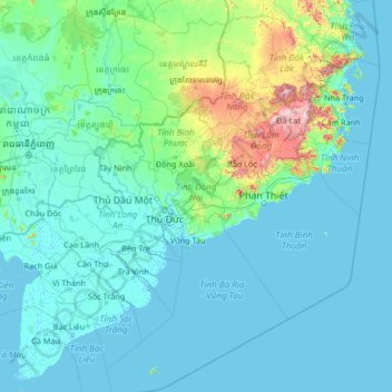 Mapa topográfico Đồng Nai, altitud, relieve