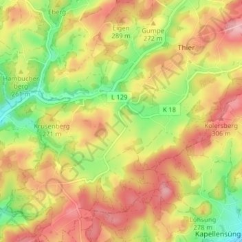 Mapa topográfico Alfen, altitud, relieve