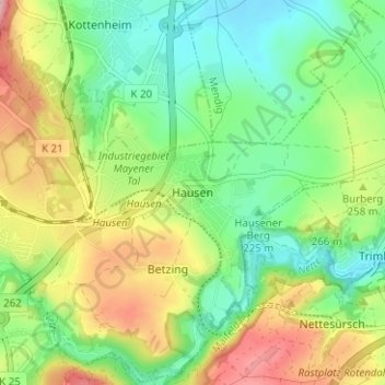 Mapa topográfico Hausen, altitud, relieve
