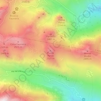 Mapa topográfico Punta Parvo, altitud, relieve