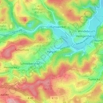 Mapa topográfico Herpel, altitud, relieve