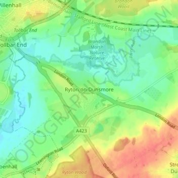 Mapa topográfico Ryton-on-Dunsmore, altitud, relieve