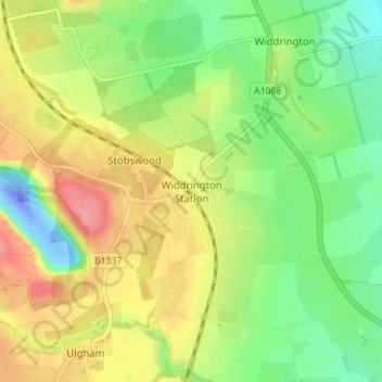 Mapa topográfico Widdrington Station, altitud, relieve