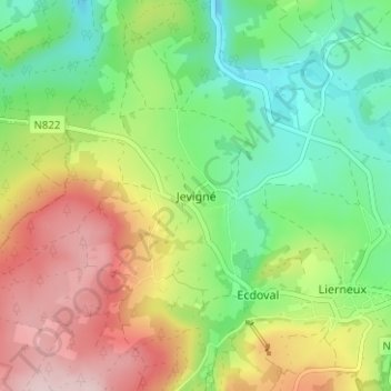 Mapa topográfico Jevigné, altitud, relieve