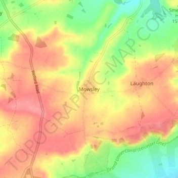 Mapa topográfico Mowsley, altitud, relieve