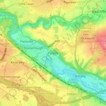 Mapa topográfico Ringley, altitud, relieve