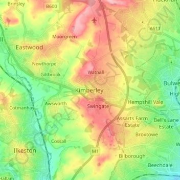 Mapa topográfico Nottinghamshire, altitud, relieve